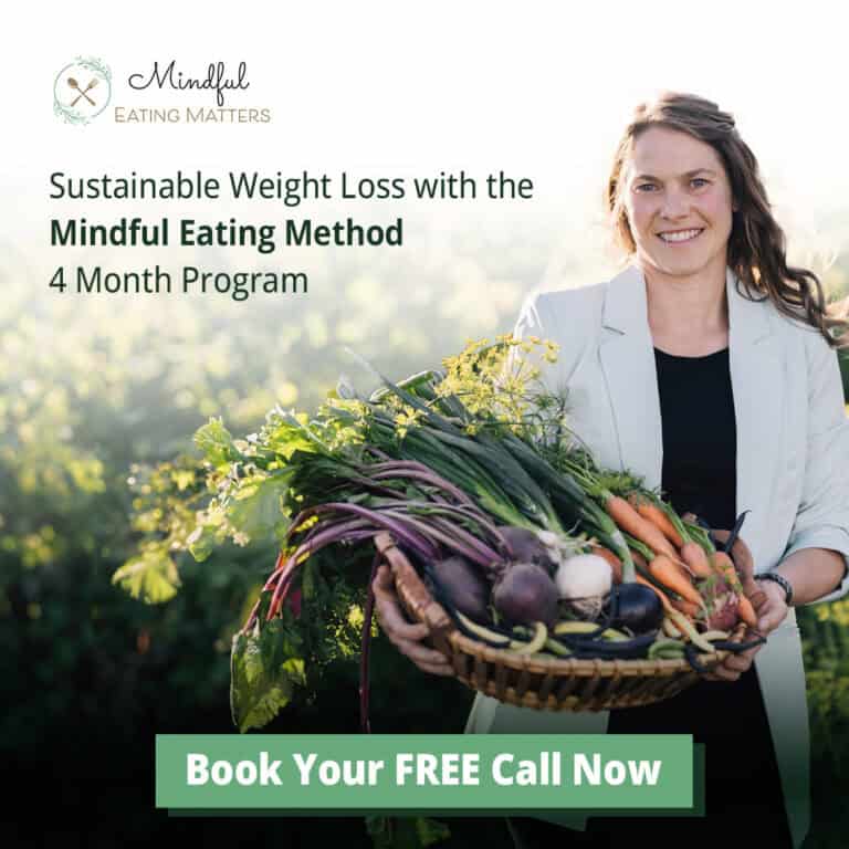 registered dietitian melanie chapple holding a basket of fresh root vegetables promoting her signature mindful eating matters program