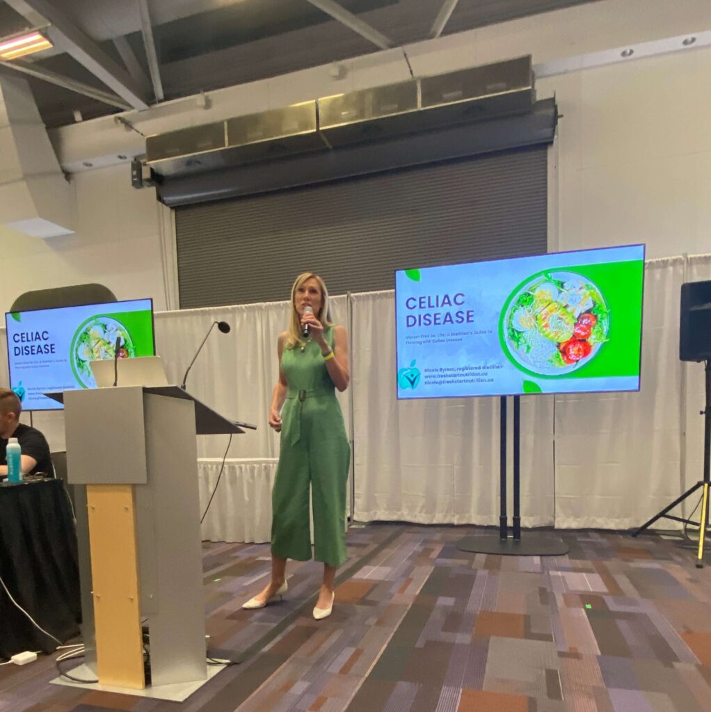 bc dietitians presenting with PowerPoint slide titled "celiac disease" in the background