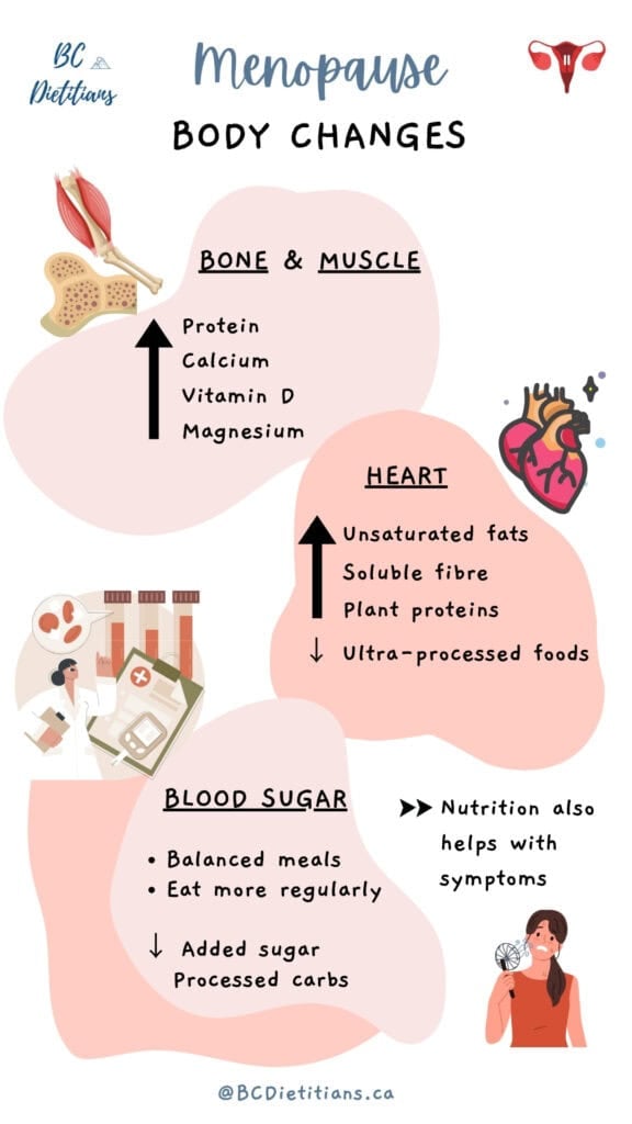 infographic highlighting body changes during menopause including bone and muscle, heart health and blood sugar management