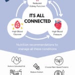 poster showing how kidney disease, diabetes and hypertension are connected and nutrition recommendations to manage all these conditions : reduce saturated fat, reduce processed food, reduce sodium, choose plant based proteins, increase fiber
