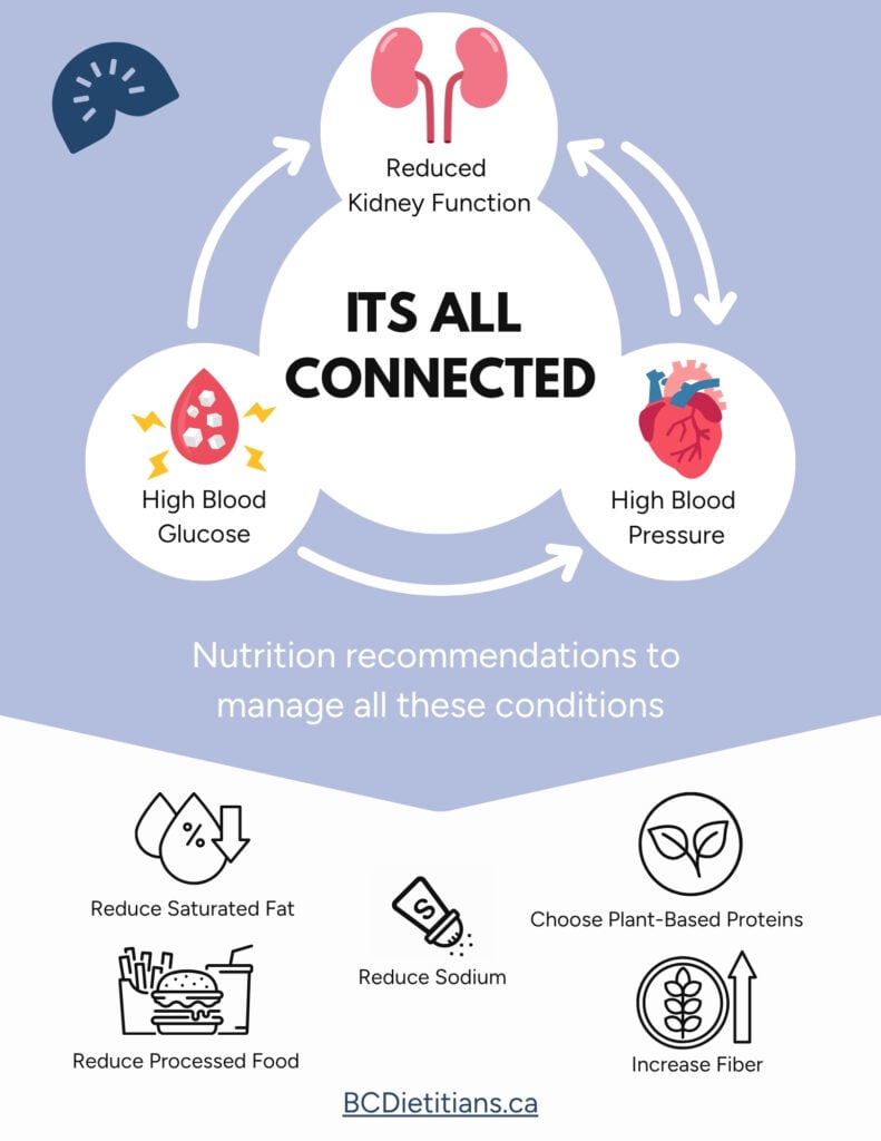 poster showing how kidney disease, diabetes and hypertension are connected and nutrition recommendations to manage all these conditions : reduce saturated fat, reduce processed food, reduce sodium, choose plant based proteins, increase fiber