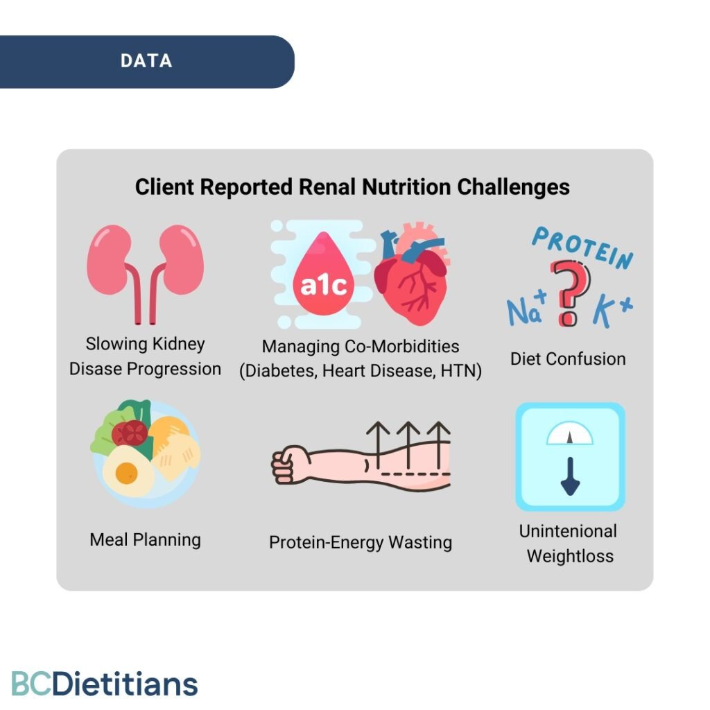 Poster explaining the key nutrition challenges kidney patients face while waiting for care in the public health system. These include : slowing down kidney disease progression, managing co-morbidities (heart disease, hypertension, diabetes), diet confusion, meal planning, malnutrition, weight loss.