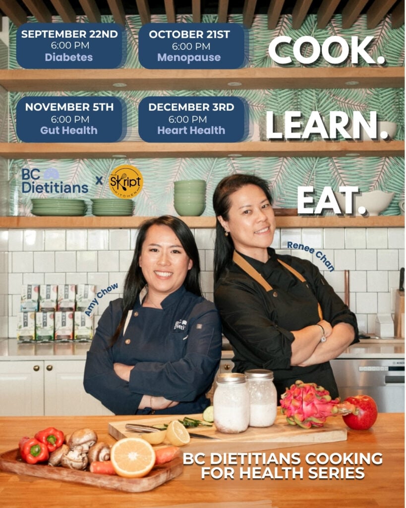 Amy Chow, founder of bc dietitians and Renee Chan, founder of the Skript Kitchen in chef uniforms teaching a cooking class together