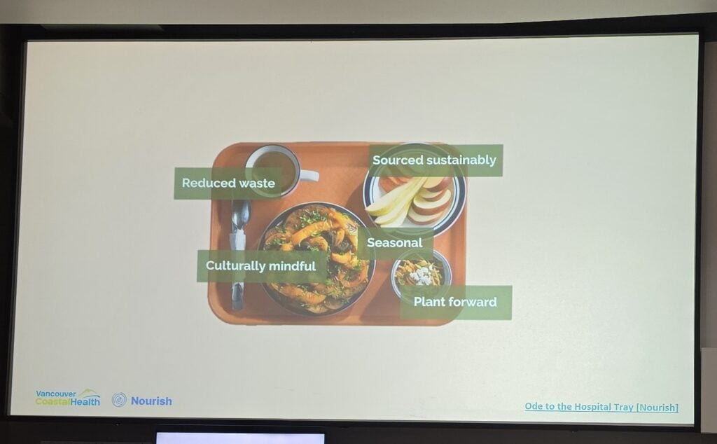 tray of food with labels around it : reduce waste, culturally mindful, sourced sustainably, seasonal, plant forward